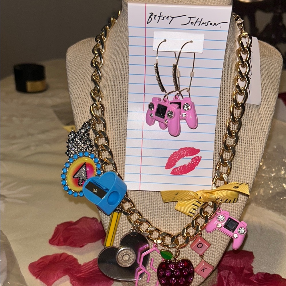 Betsey Johnson Playful Charm Necklace with Pink and Blue Accents with Earrings